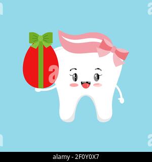 Easter cute tooth with red egg dental icon isolated on background. Stock Vector