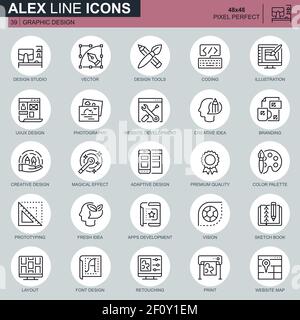 Thin line web and graphic design icons set for website and mobile site and apps. Contains such Icons as Studio, App Development, Retouching. 48x48 Pix Stock Vector