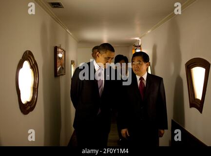 President Barack Obama walks with Chinese President Hu Jintao at Diaoyutai State Guest House in Beijing China Nov. 16 2009. Stock Photo