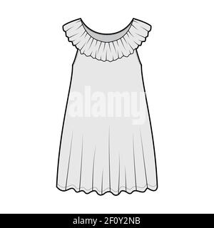 Negligee dress Sleepwear Pajamas technical fashion illustration with mini length, oversized, Pierrot frilled collar, trapeze silhouette. Flat front, grey color style. Women, men unisex CAD mockup Stock Vector