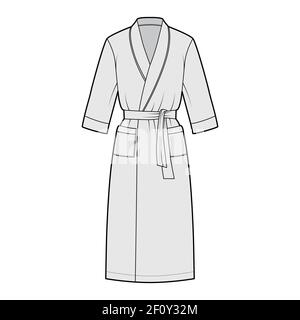 Download Bathrobe Dressing Gown Technical Fashion Illustration With Wrap Opening Knee Length Oversized Tie Pocket Elbow Sleeves Flat Apparel Front Back White Color Style Women Men Unisex Cad Mockup Stock Vector Image