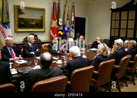 President Barack Obama attends a New START Treaty meeting hosted by Vice President Joe Biden in the Roosevelt Room of the White House Nov. 18 2010. Stock Photo