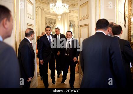 President Barack Obama meets with Egyptian President Hosni Mubarak in Cairo, Egypt, June 4, 2009 Stock Photo