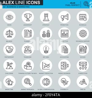 Thin line business and marketing icons set for website and mobile site and apps. Contains such Icons as Leadership, Vision, Accounting. 48x48 Pixel Pe Stock Vector