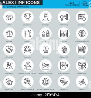 Thin line business and marketing icons set for website and mobile site and apps. Contains such Icons as Leadership, Vision, Accounting. 48x48 Pixel Pe Stock Vector