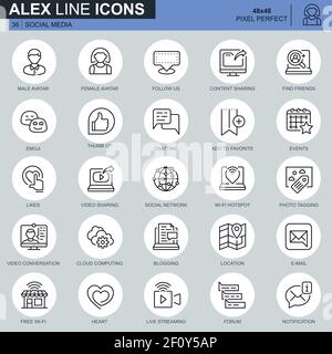 Thin line social media and network icons set for website and mobile site and apps. Contains such Icons as Avatar, Emoji, Chating, Likes. 48x48 Pixel P Stock Vector