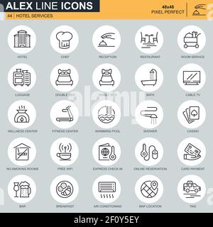 Thin line hotel services icons set for website and mobile site and apps. Contains such Icons as Luggage, Reception, Room Services. 48x48 Pixel Perfect Stock Vector