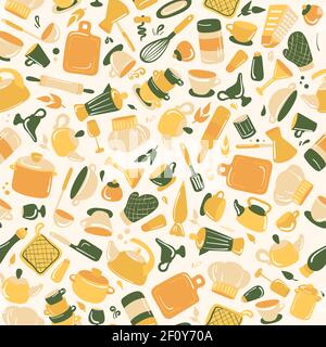 Seamless Pattern of Kitchen utensil Retro-Styled in yellow and green Colors. Vector texture. Stylish design elements: spoon, bowl, mixer, bottle Stock Vector