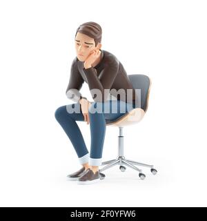 3d bored cartoon man sitting on chair Stock Photo