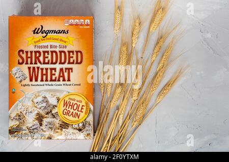 Flourtown, PA - Feb. 18, 2021: Wegmans Frosted Bite Size Shredded Wheat is made with whole grain and no artificial colors, flavors or preservatives. Stock Photo