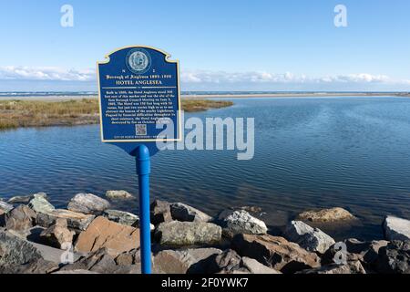 North Wildwood, NJ - Oct. 31, 2020: The history of the Hotel Anglesea in the Borough of Anglesea is on this sign on the North Wildwood Seawall Trail. Stock Photo
