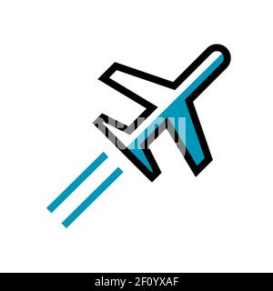 Airplane flying high in the sky. Air transport symbol. Passenger transportation and travel. Icon illustration on white background Stock Photo