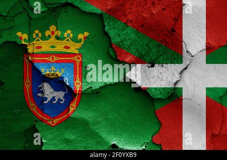 flags of Pamplona and Spain painted on cracked wall Stock Photo - Alamy