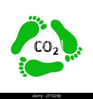 Reducing carbon footprint concept. Green footprints in form of recycling symbol and C02 sign. Environmental problems and solutions icon. Vector flat illustration. Stock Vector
