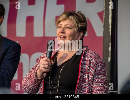 British politician, Labour Party member and MP Emily Thornberry speaking at the third People's Vote March, Parliament Square, London, UK on 19 October 2019. Stock Photo
