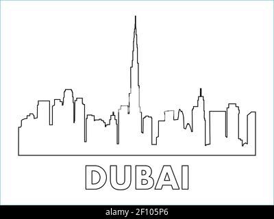 Dubai city illustration.United Arab Emirates skyscrapers line art. Silhouette buildings for prints, stickers, designs. Vector. Stock Vector