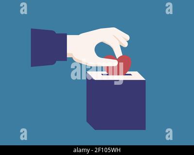 Donating for charity illustration. A persons hand putting a heart in a donation box. Icon symbol. Stock Vector