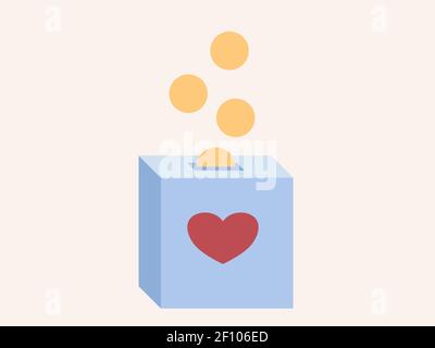 Charity fundraising illustration. Coins money falling in a box with a heart shape. Cut out graphic. Vector. Stock Vector