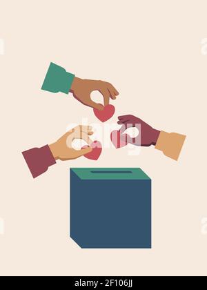 Different nationalities people donating for charity illustration. Solidarity concept. Hands putting a heart in a donation box. Stock Vector