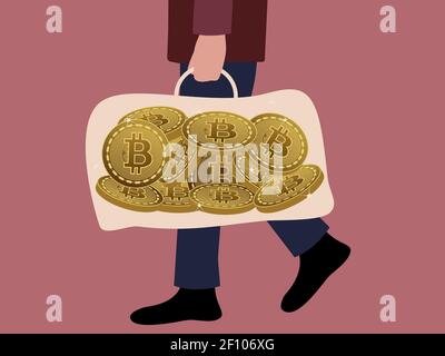 A rich man holding a handbag full with golden Bitcoins. Walking with his profit and savings. Crysptocurrency illustration. Vector. Stock Vector