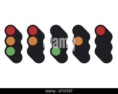 Street traffic control lights. Differet phases, stages from of traffic lights from green to red and yellow colors. Object isolated on a white backgrou Stock Vector