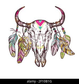 Skull drawn flowers boho with colored elements and feathers on the horns vector illustration Stock Vector