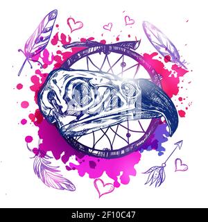 Skull eagle boho tattoo with bird skull colored watercolors and feathers around vector illustration Stock Vector