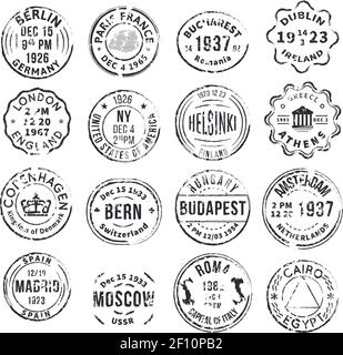 Set with 16 round isolated stamp postal signs with different departure cities in vintage style flat vector illustration Stock Vector