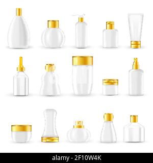 Cosmetic packaging design set with white glass or plastic containers and golden lids isolated vector illustration Stock Vector