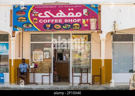 Middle East, Arabian Peninsula, Oman, Al Batinah South, Mahout. Oct. 27, 2019. A coffee shop in Mahout, Oman. Stock Photo