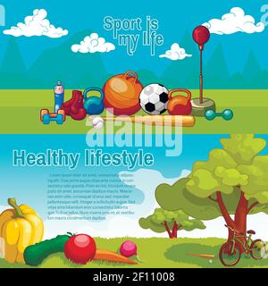 Healthy lifestyle horizontal banners with sports equipment and fresh vegetables on natural scenery backgrounds isolated vector illustration Stock Vector