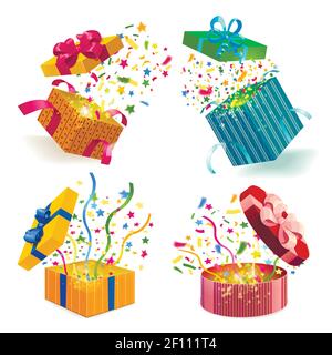 Open gift boxes of different design  and fireworks from confetti 3d set isolated vector illustration Stock Vector