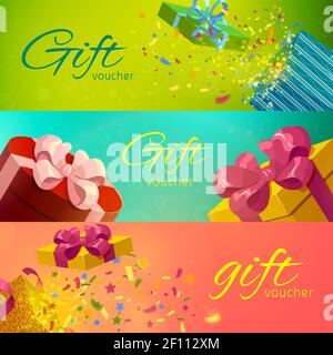 Gift vouchers horizontal banners set with holiday packages and confetti on blurred background isolated vector illustration Stock Vector