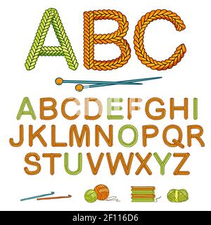 Green and orange warm knitting alphabet icon set isolated with balls of yarn vector illustration Stock Vector