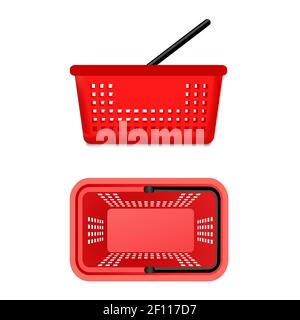 Set of 2 isolated different realistic views of red supermarket shopping baskets front and top angles empty without items products vector illustration Stock Vector