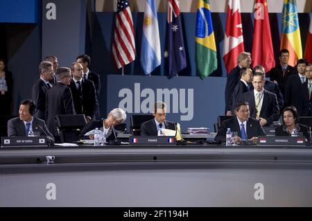 25 September 2009 - Pittsburgh, Pennsylvania - G-20 leaders, seated from left, South Korea's finance minister Yoon Jeung Hyun, France's finance minister Christine Lagarde and President Nicolas Sarkozy, and Indonesia's President Susilo Bambang Yudhoyono and finance minister Sri Mulyani Indrawati, gather during a plenary session on day two of the Group of 20 summit in Pittsburgh, Pennsylvania, U.S., on Friday, Sept. 25, 2009. G-20 leaders are working on an accord to prevent a repeat of the worst global financial crisis since the Great Depression and ensure a sustained recovery. Photo Credit: And
