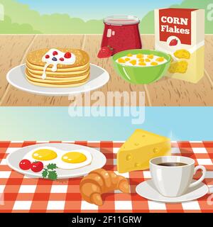 Two horizontal conceptual compositions with different breakfast food sets on tables and cartoon landscape background flat vector illustration Stock Vector