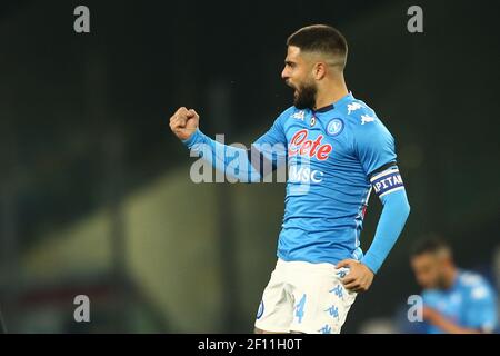 SSC Napoli's Italian striker Lorenzo Insigne  celebrates after scoring a goal during the Serie A football match between SSC Napoli and Bologna fc at the Diego Armando Maradona Stadium, Naples, Italy, on 07 March  2021 Stock Photo