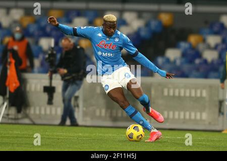 SSC Napoli's Nigerian striker Victor Osimhen controls the ball during the Serie A football match between SSC Napoli and Bologna fc at the Diego Armando Maradona Stadium, Naples, Italy, on 07 March  2021 Stock Photo