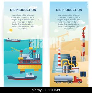 Two isolated vertical banners with sea and desert industrial cartoon scenery and decorative technics symbols flat vector illustration Stock Vector