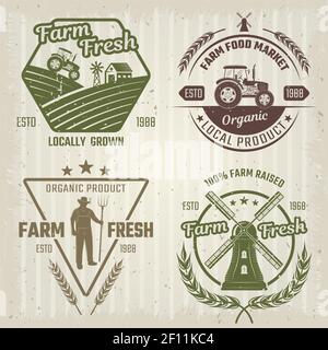 Farm retro style logos with fields windmill tractor wheat and stars on textured background isolated vector illustration Stock Vector