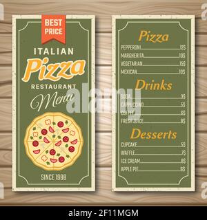 Restaurant menu in green color with italian pizza drinks desserts on wooden background isolated vector illustration Stock Vector