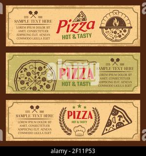 Set of horizontal banners in vintage style with pizza oven and culinary tools isolated vector illustration Stock Vector