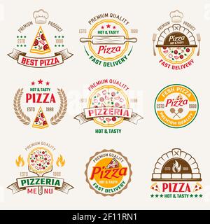 Pizzeria colored emblems with oven and utensils product quality letterings wheat and stars isolated vector illustration Stock Vector