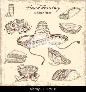 Mexican food hand drawn design with sombrero tortilla soup taco and burrito on grunge background vector illustration Stock Vector