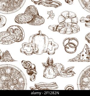 Hand drawn pizza seamless pattern with monochrome images of filler ingredients salami ripe vegetables with slices vector illustration Stock Vector