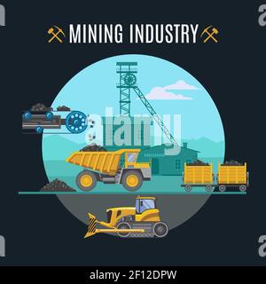 Mining industry icons round composition with flat symbols of mining technics buildings and editable title text vector illustration Stock Vector