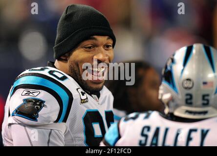 Carolina Panthers defensive end Julius Peppers (90) jokes with teammate  safety Nate Salley (25) prior to the opening kickoff on Sunday, December  21, 2008, at Giants Stadium in East Rutherford, New Jersey. (Photo by Jeff  Siner/Charlotte Observer/MCT