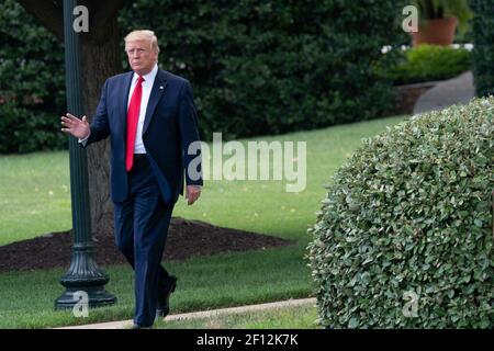 President Donald Trump walks from the Oval Office to the South Lawn of the White House Wednesday July 17 2019 on his way to board Marine One to begin his trip to North Carolina. Stock Photo
