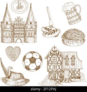 Hand drawn germany icon set with isolated images of house front traditional plumed hat leather ball vector illustration Stock Vector